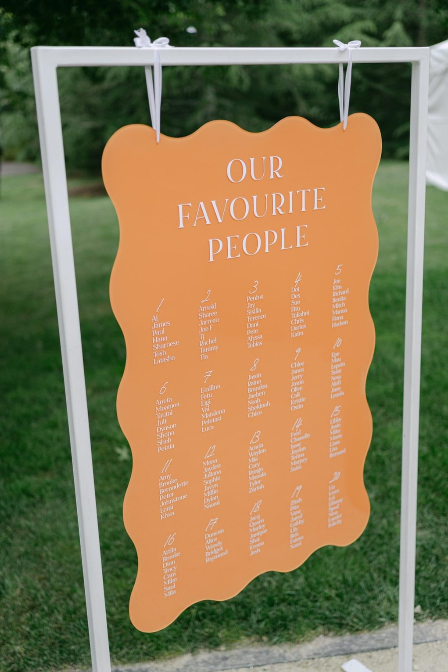 Seating chart, wedding seating chart, seating plan, wedding signage, wedding signage auckland, wedding signs, custom wedding signs, personalised wedding signage, orange wedding seating chart